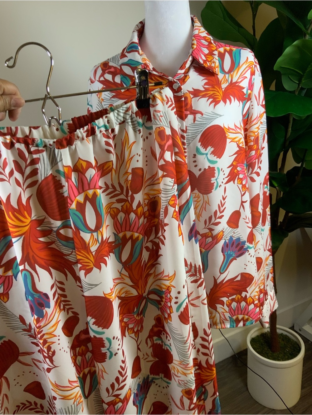 SHEIN Floral Print Button-Up Shirt and Skirt Set - Ivory, Rust, Teal, Pink
